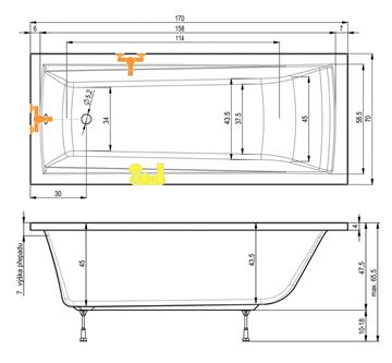 TEIKO TREND 170/70 vaňa 170x70 cm, s nožičkami, akrylát V113170N04T03001 Technický nákres