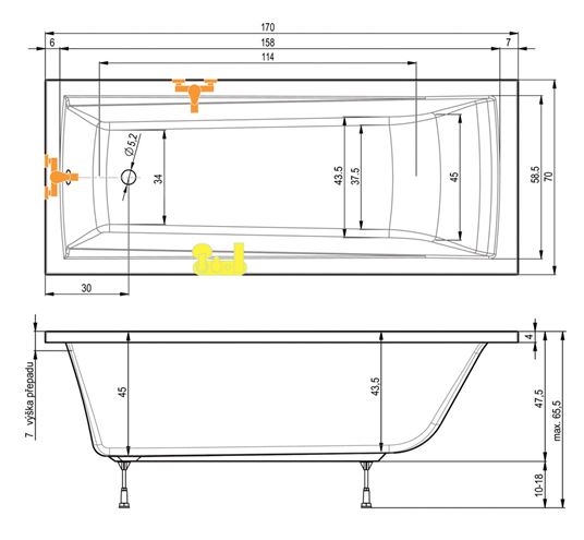 TEIKO TREND 170/70 vaňa 170x70 cm, s nožičkami, akrylát V113170N04T03001 Technický nákres