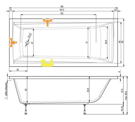 TEIKO TREND 180 vaňa 180x80 cm, s nožičkami, akrylát V113180N04T05001 Technický nákres