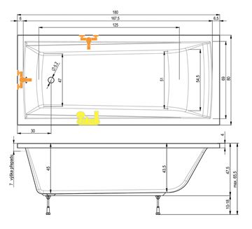 TEIKO TREND 180 vaňa 180x80 cm, s nožičkami, akrylát V113180N04T05001 Technický nákres