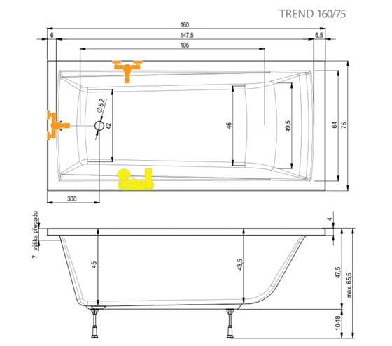 TEIKO TREND 160/75 vaňa 160x75 cm, s nožičkami, akrylát V113160N04T03001 Technický nákres