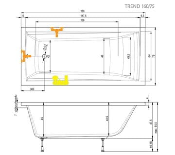 TEIKO TREND 160/75 vaňa 160x75 cm, s nožičkami, akrylát V113160N04T03001 Technický nákres