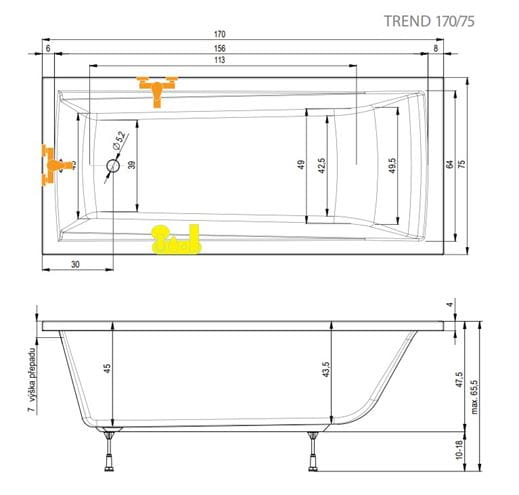 TEIKO TREND 170/75 vaňa 170x75 cm, s nožičkami, akrylát V113170N04T02001 Technický nákres
