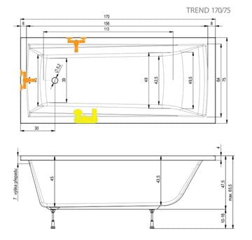 TEIKO TREND 170/75 vaňa 170x75 cm, s nožičkami, akrylát V113170N04T02001 Technický nákres
