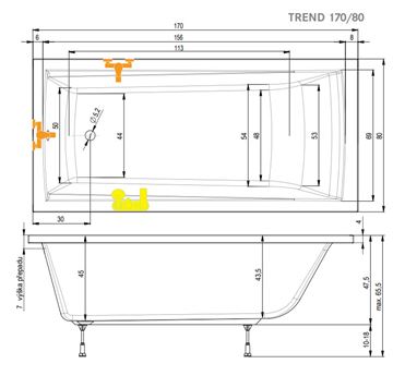 TEIKO TREND 170/80 vaňa 170x80 cm, s nožičkami, akrylát V113170N04T04001 Technický nákres