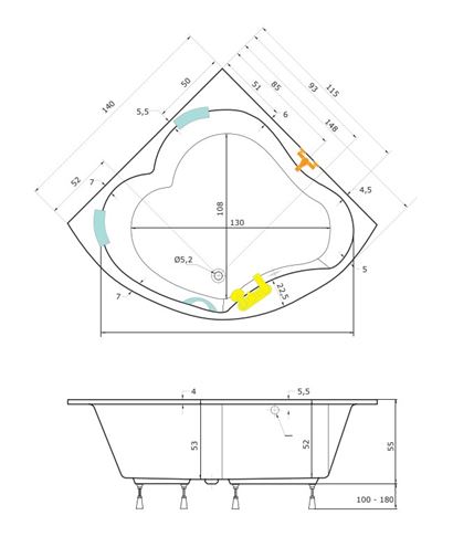 TEIKO DIAMANT rohová vaňa 148x148 cm, pro 2 osoby, s nožičkami, akrylát V111149N04T02001 Technický nákres