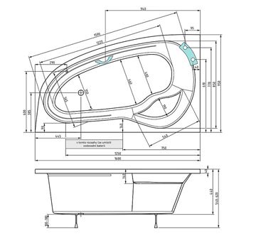 TEIKO DORADO 160 L rohová vaňa 160x95 cm, s nožičkami, akrylát V110160L04T10001 Technický nákres