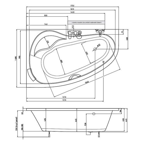 TEIKO DORADO 175 L rohová vaňa 175x100 cm, s nožičkami, akrylát V110175L04T02001 Technický nákres