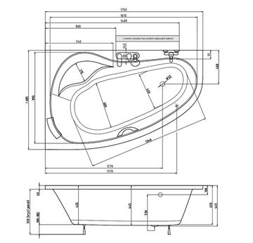 TEIKO DORADO 175 L rohová vaňa 175x100 cm, s nožičkami, akrylát V110175L04T02001 Technický nákres