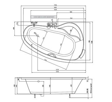 TEIKO DORADO 175 P rohová vaňa 175x110 cm, s nožičkami, akrylát V110175R04T02001 Technický nákres
