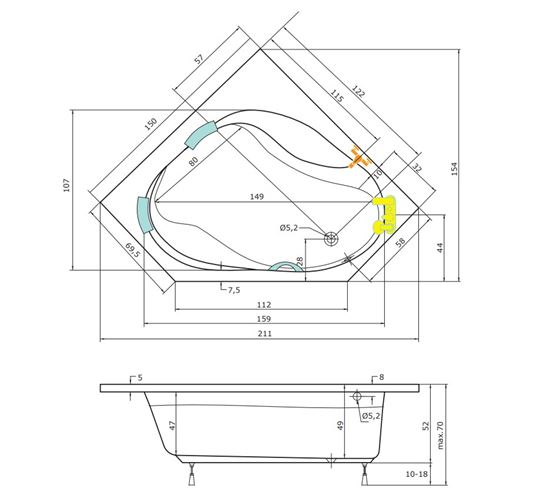 TEIKO KORFU rohová vaňa 150x150 cm, pre 2 osoby, s nožičkami, akrylát V111150N04T03001 Technický nákres