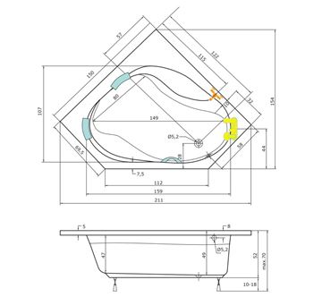 TEIKO KORFU rohová vaňa 150x150 cm, pre 2 osoby, s nožičkami, akrylát V111150N04T03001 Technický nákres