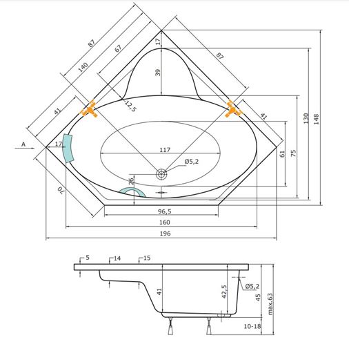 TEIKO KRÉTA rohová vaňa 140x140 cm, s nožičkami, akrylát V111140N04T02001 Technický nákres