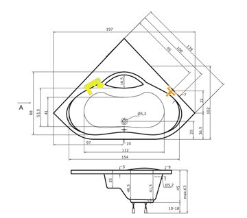 TEIKO NAXOS R rohová vaňa 140x140 cm, pre 2 osoby, s nožičkami, akrylát V111140N04T04001 Technický nákres