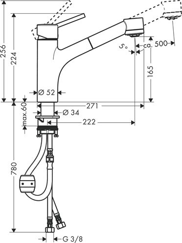 HANSGROHE TALIS M52 drezová batéria, s vyťahovacou sprškou, chróm 32841000 Technický nákres
