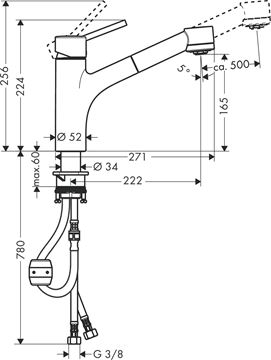 HANSGROHE TALIS M52 drezová batéria, s vyťahovacou sprškou, chróm 32841000 Technický nákres