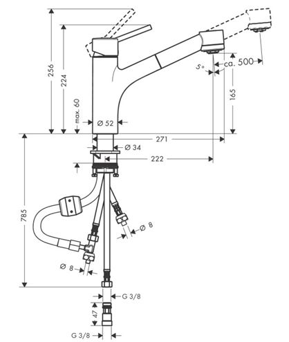 HANSGROHE TALIS M52 drezová batéria, s vyťahovacou sprškou, pre beztlakové ohrievače vody, chróm 32842000 Technický nákres