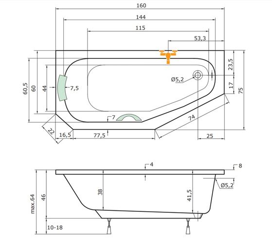 TEIKO PANAMA L rohová vaňa 160x75 cm, s nožičkami, akrylát V110160L04T04001 Technický nákres
