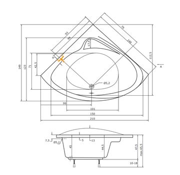 TEIKO SUMATRA rohová vaňa 150x150 cm, s nožičkami, akrylát V111150N04T01001 Technický nákres
