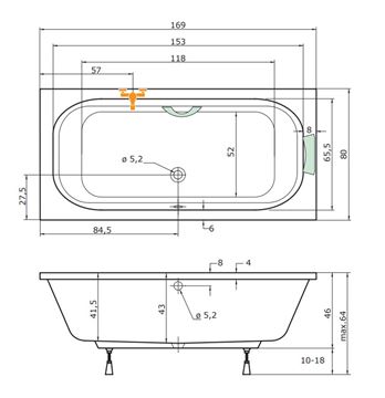 TEIKO TENERIFE vaňa 170x80 cm, pre 2 osoby, s nožičkami, akrylát V112170N04T06001 Technický nákres