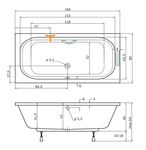 TEIKO TENERIFE vaňa 170x80 cm, pre 2 osoby, s nožičkami, akrylát V112170N04T06001 Technický nákres
