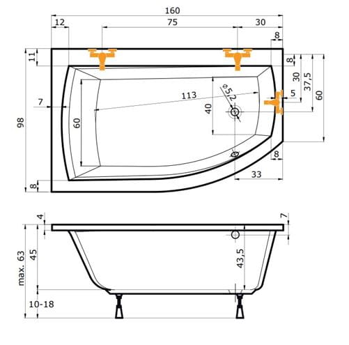 TEIKO THERA NEW 160 L rohová vaňa 160x98 cm, s nožičkami, akrylát V110160L04T12001 Technický nákres