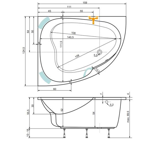 TEIKO SPINELL 160 L rohová vaňa 160x125 cm, pre 2 osoby, s nožičkami, akrylát V110160L04T02001 Technický nákres