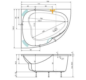 TEIKO SPINELL 160 L rohová vaňa 160x125 cm, pre 2 osoby, s nožičkami, akrylát V110160L04T02001 Technický nákres