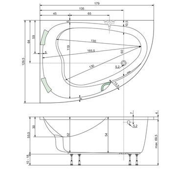 TEIKO SPINELL 180 L rohová vaňa 180x130 cm, pre 2 osoby, s nožičkami, akrylát V110180L04T02001 Technický nákres
