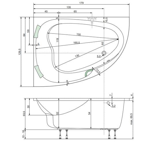 TEIKO SPINELL 180 L rohová vaňa 180x130 cm, pre 2 osoby, s nožičkami, akrylát V110180L04T02001 Technický nákres