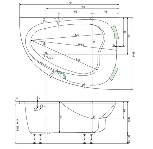 TEIKO SPINELL 180 P rohová vaňa 180x130 cm, pre 2 osoby, s nožičkami, akrylát V110180R04T02001 Technický nákres