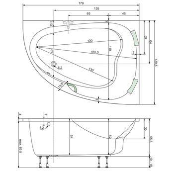 TEIKO SPINELL 180 P rohová vaňa 180x130 cm, pre 2 osoby, s nožičkami, akrylát V110180R04T02001 Technický nákres