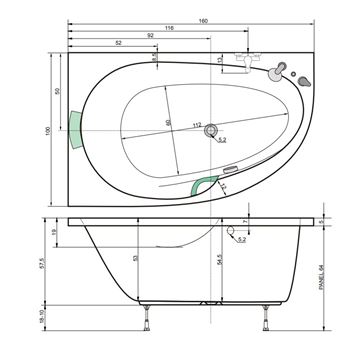 TEIKO SPINELL MONO L rohová vaňa 160x100 cm, s nožičkami, akrylát V110160L04T08001 Technický nákres