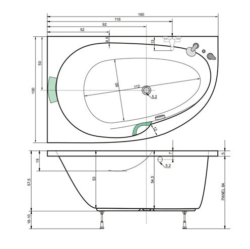 TEIKO SPINELL MONO L rohová vaňa 160x100 cm, s nožičkami, akrylát V110160L04T08001 Technický nákres