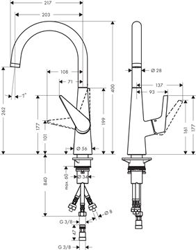 HANSGROHE TALIS M51 drezová batéria, pre beztlakové ohrievače vody, chróm 72812000 Technický nákres