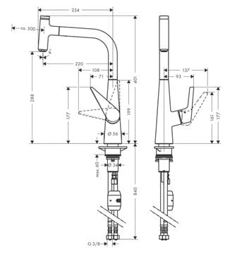 HANSGROHE TALIS SELECT M51 drezová batéria, s vyťahovacou koncovkou, chróm 72821000 Technický nákres