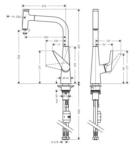 HANSGROHE TALIS SELECT M51 drezová batéria, s vyťahovacou koncovkou, chróm 72821000 Technický nákres