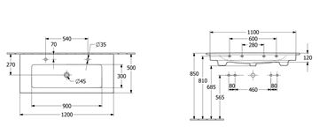 VILLEROY & BOCH VENTICELLO umývadlo 120 cm, s 2 otvormi pre batérie a prepadom 4104CK01 Technický nákres