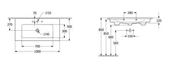 VILLEROY & BOCH VENTICELLO umývadlo 100 cm, s prepadom 4104AJ01 Technický nákres