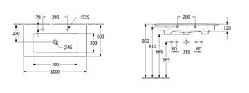 VILLEROY & BOCH VENTICELLO umývadlo 100 cm, s 2 otvormi pre batérie a prepadom, CeramicPlus 4104AKR1 Technický nákres