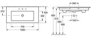 VILLEROY & BOCH VENTICELLO umývadlo 100 cm, s otvorom pre batériu a prepadom, CeramicPlus 4104ALR1 Technický nákres