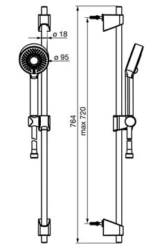 HANSA BASICJET sprchová súprava 3-dielna, ručná sprcha pr. 95 mm, 3 prúdy, tyč, hadica, Eco, chróm 44780233 Technický nákres