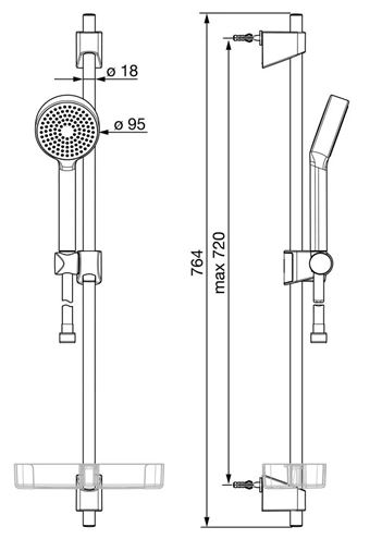 HANSA BASICJET sprchová súprava 4-dielna, ručná sprcha pr. 95 mm, tyč, hadica, mydelnička, chróm 44780113 Technický nákres