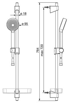HANSA BASICJET sprchová súprava 4-dielna, ručná sprcha pr. 95 mm, tyč, hadica, mydelnička, chróm 44780113 Technický nákres