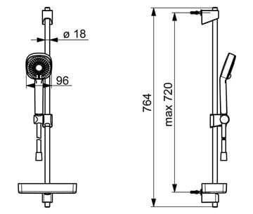 HANSA BASICJET sprchová súprava 4-dielna, ručná sprcha 96x96 mm, 3 prúdy, tyč, hadica, mydelnička, Eco, chróm 44770131 Technický nákres