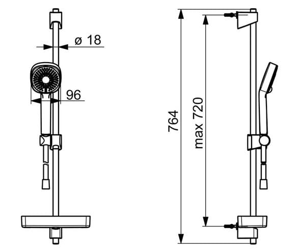 HANSA BASICJET sprchová súprava 4-dielna, ručná sprcha 96x96 mm, 3 prúdy, tyč, hadica, mydelnička, Eco, chróm 44770131 Technický nákres