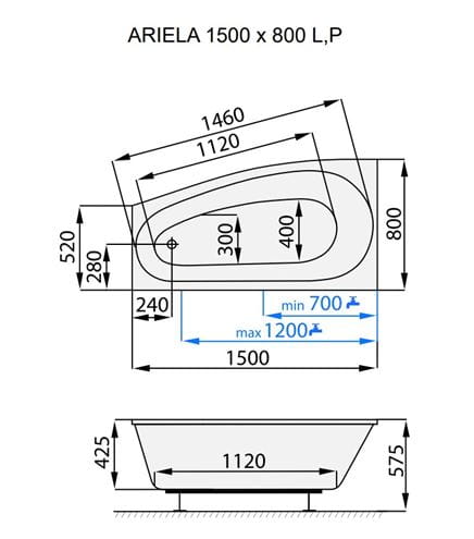 SANTECH ARIELA rohová vaňa 150x80 cm, bez nožičiek, akrylát SAARI150P Technický nákres