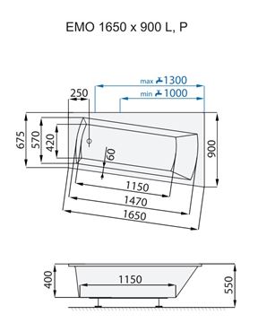 SANTECH EMO rohová vaňa 165x90 cm, bez nožičiek, akrylát SAEMO165L Technický nákres