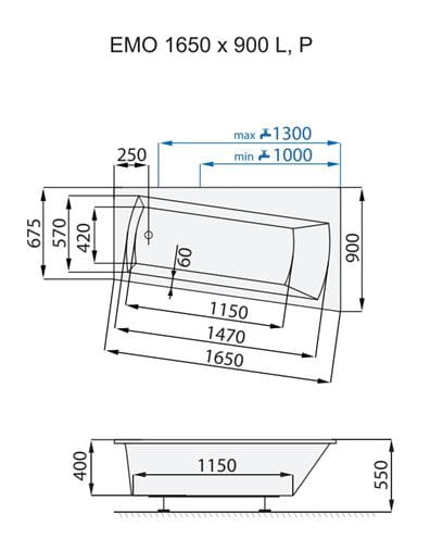 SANTECH EMO rohová vaňa 165x90 cm, bez nožičiek, akrylát SAEMO165L Technický nákres