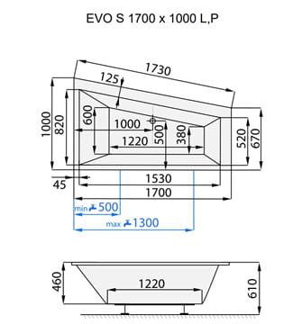 SANTECH EVO-S rohová vaňa 170x100 cm, bez nožičiek, akrylát SAEVO170L Technický nákres